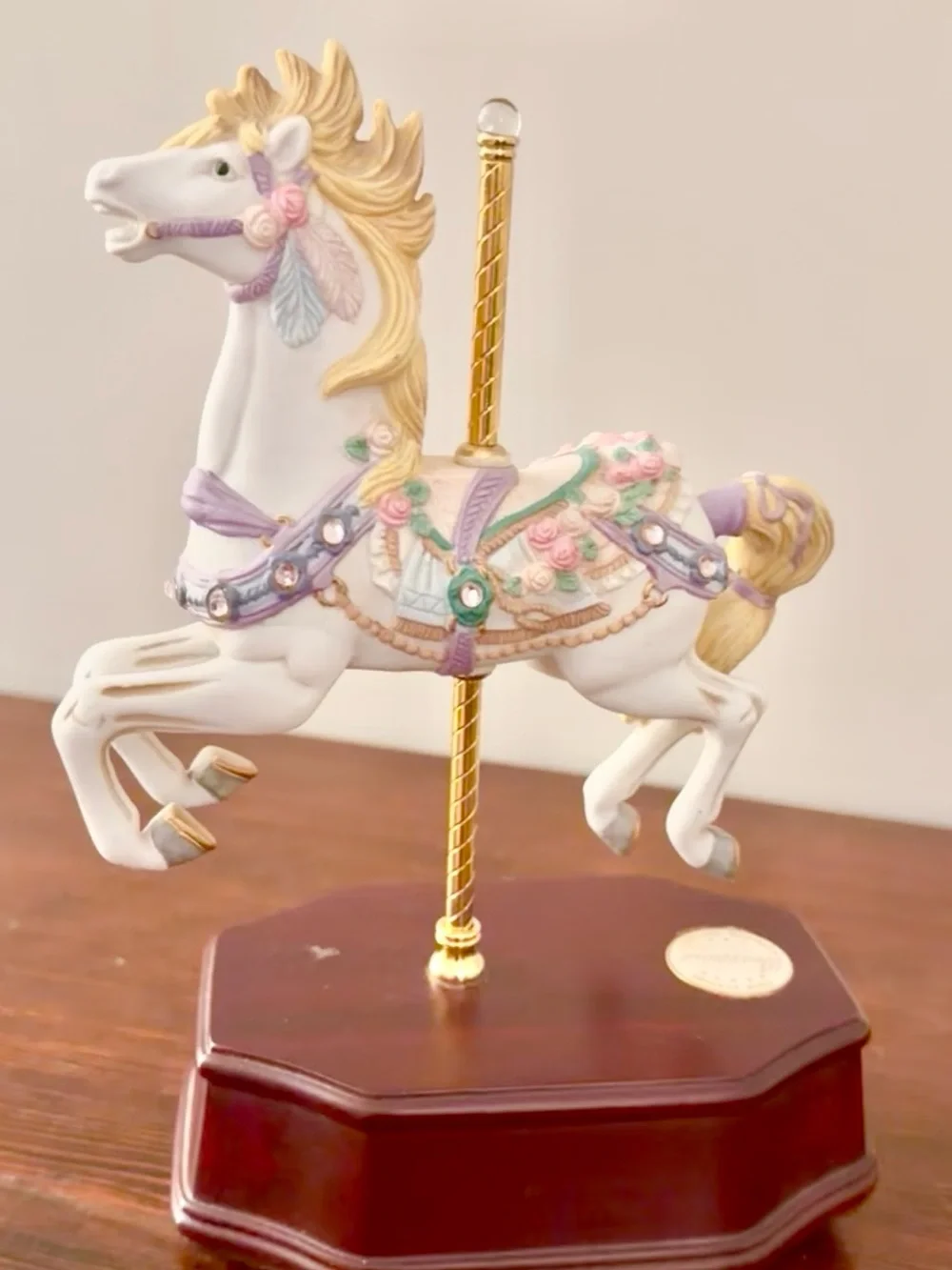 White & Gold Carousel Horse Tabletop Music Ornament - Pastel Accents
